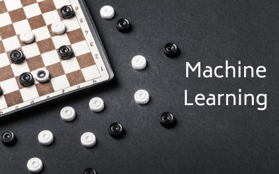 Checker board and pieces with words machine learning illustrating AI for STEM student learners