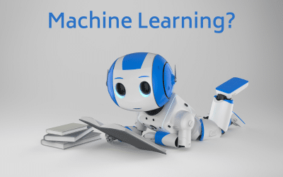 Cute robot reading a book and headline asking Machine Learning? Illustrating the connection between AI and Machine learning in this STEM activity for students.