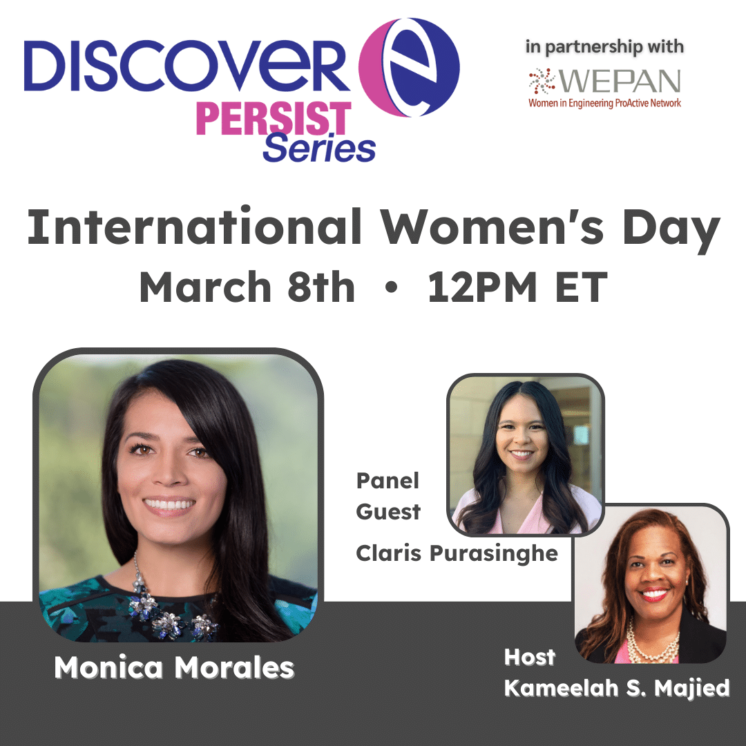 Persist Series graphic featuring speaker Monica Morales a, panelist Claris Purasinghe, and host Kameelah S. Majied